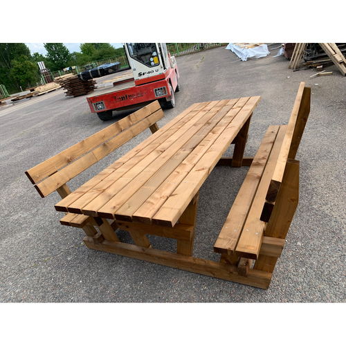 TABLE MODELE D'ARTAGNAN / Table de camping Plateau 255, bancs et dossiers 215 cm traitée autoclave marron SPÉCIALE MAMIE !