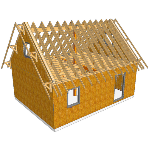 CHAMBON / idée de projet / Murs ASSEMBLES jusqu'à l'OSB / Structure Ossature Bois 6 m x 8 m, moins de 50m2 ext murs mais avec grenier porteur. Charpente traditionnelle en débit avec numéros.