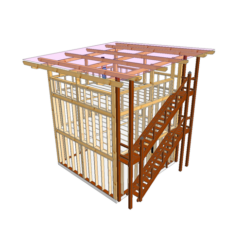 REF TOURS / idée de Structure Poteaux-poutres 6 m x 6 m sur 2 niveaux avec étage et terrasse couverte + ossature + escaliers
