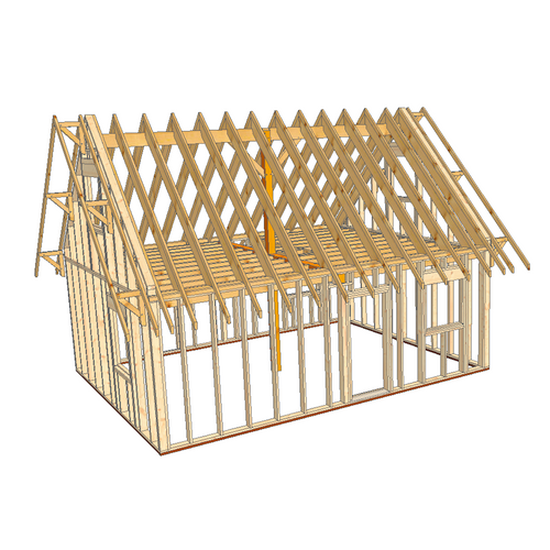 MUROL / idée de Structure Ossature Bois 6 m x 8 m, moins de 50m2 ext murs mais avec grenier porteur. Structure en DEBIT. Charpente traditionnelle en débit avec numéros.