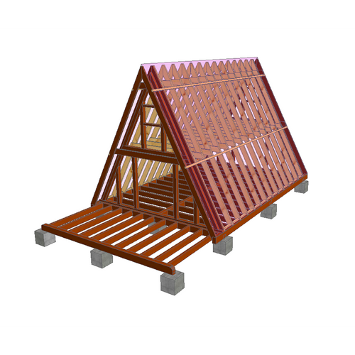 HOMA2 / MAISON A / Structure Ossature Bois 6 m x 8 m (env 40 m² + mezza) + terrasse 3.5 m x 3m. Structure en DEBIT avec numéros. Solivage étage porteur. Charpente traditionnelle en débit avec numéros.
