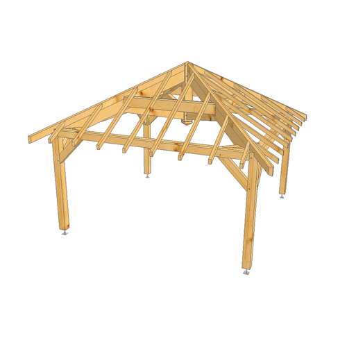 Auvent 4 pans modèle LE LAVANDOU / 4.0 x 4.0m sapin poteaux 14x14cm POINÇON SUSPENDU