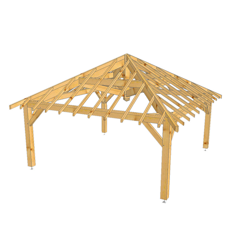 Auvent 4 pans modèle ROQUEBRUNE / 5.0 x 5.0m sapin poteaux 14x14cm POINÇON SUSPENDU