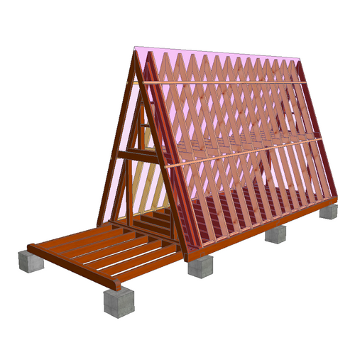 HOMA / MAISON A / Structure Ossature Bois 4 m x 8 m (env 30 m² + mezza) + terrasse 3.5 m x 3m. Structure en DEBIT avec numéros. Solivage étage porteur. Charpente traditionnelle en débit avec numéros.