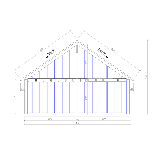 MURAT / idée de Structure Ossature Bois 8 m x 12 m environ (env 120m²). Structure en DEBIT avec numéros. Solivage étage porteur. Charpente traditionnelle en débit avec numéros.