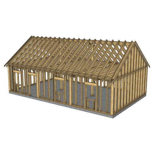 CONDAT / idée de Structure Ossature Bois 7 m x 12 m environ (env 100 m²). Structure en DEBIT avec numéros. Solivage étage porteur. Charpente traditionnelle en débit avec numéros.