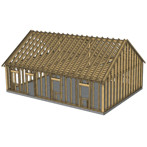 MURAT / idée de Structure Ossature Bois 8 m x 12 m environ (env 120m²). Structure en DEBIT avec numéros. Solivage étage porteur. Charpente traditionnelle en débit avec numéros.