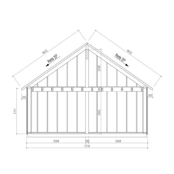 CONDAT / idée de Structure Ossature Bois 7 m x 12 m environ (env 100 m²). Structure en DEBIT avec numéros. Solivage étage porteur. Charpente traditionnelle en débit avec numéros.