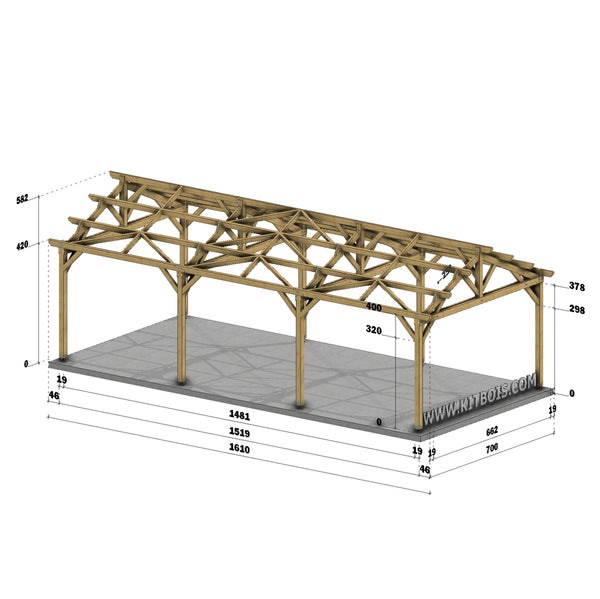 AMADORA Hangar bois Ouvert / 2 pans  7.0 x 15.19m 25° de pente