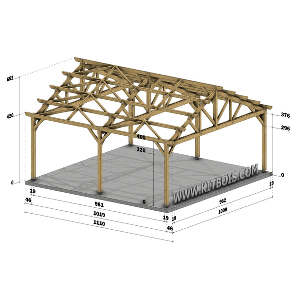 AVEIRO Hangar bois Ouvert / 2 pans  10.0 x 10.19m 25° de pente