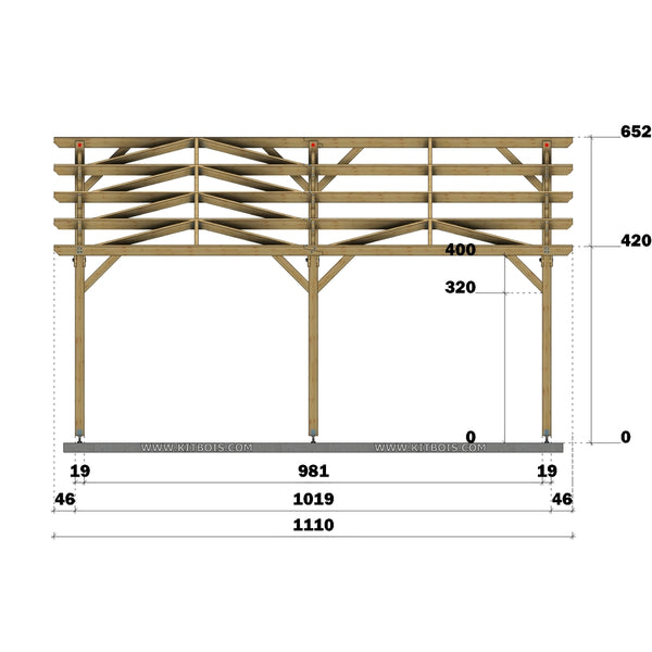 AVEIRO Hangar bois Ouvert / 2 pans  10.0 x 10.19m 25° de pente