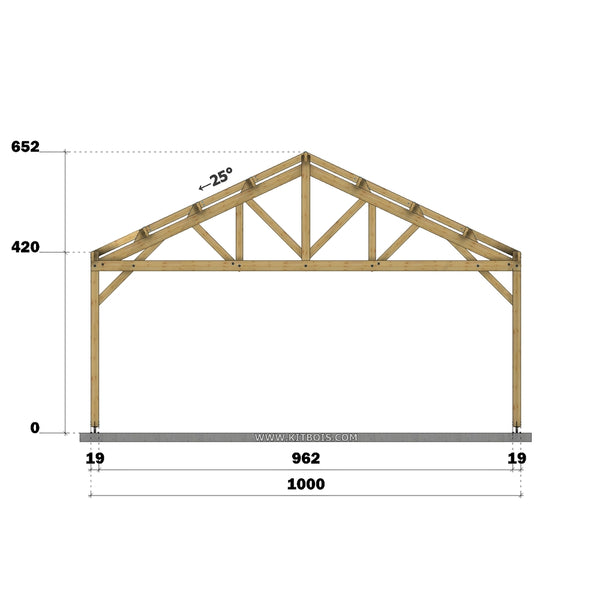 AVEIRO Hangar bois Ouvert / 2 pans  10.0 x 10.19m 25° de pente