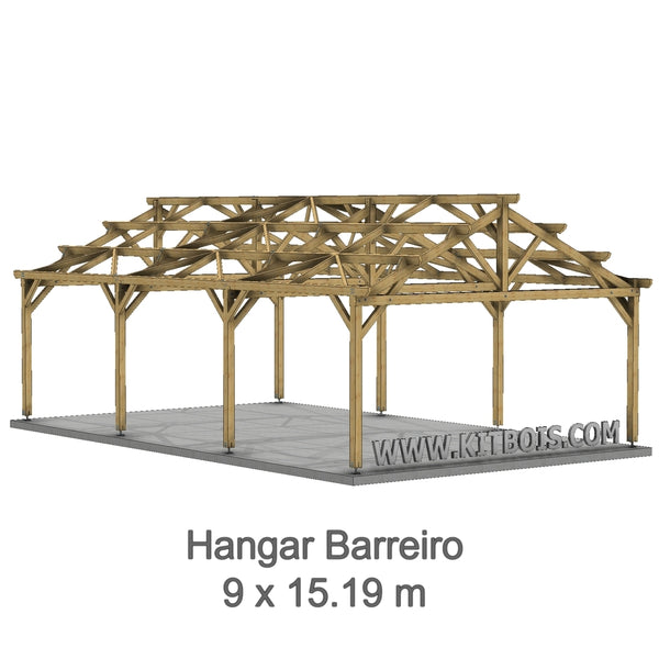 BARREIRO Hangar bois Ouvert / 2 pans  9.0 x 15.19m 25° de pente