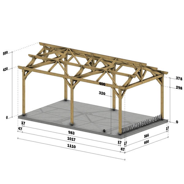 BRAGA Hangar bois Ouvert / 2 pans  6.0 x 10.17m 25° de pente