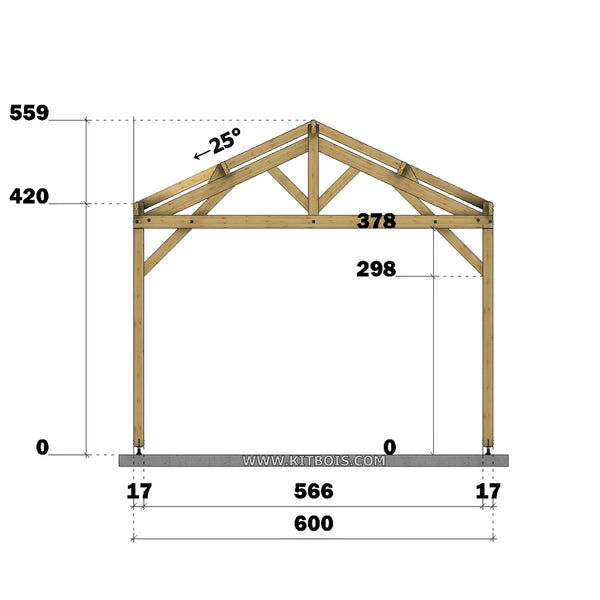 BRAGA Hangar bois Ouvert / 2 pans  6.0 x 10.17m 25° de pente