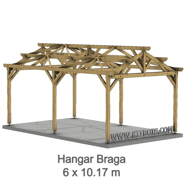 BRAGA Hangar bois Ouvert / 2 pans  6.0 x 10.17m 25° de pente