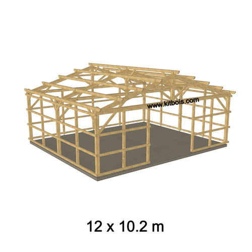 Hangar bois modèle PORTO FERMABLE / 2 pans 12.0 x 10.20m 17° de pente SANS BARDAGE