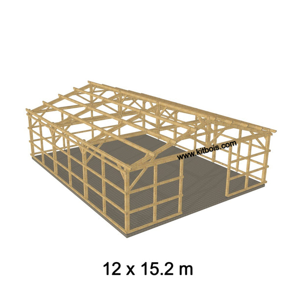 Hangar bois modèle SETUBAL FERMABLE / 2 pans 12.0 x 15.20m 17° de pente SANS BARDAGE