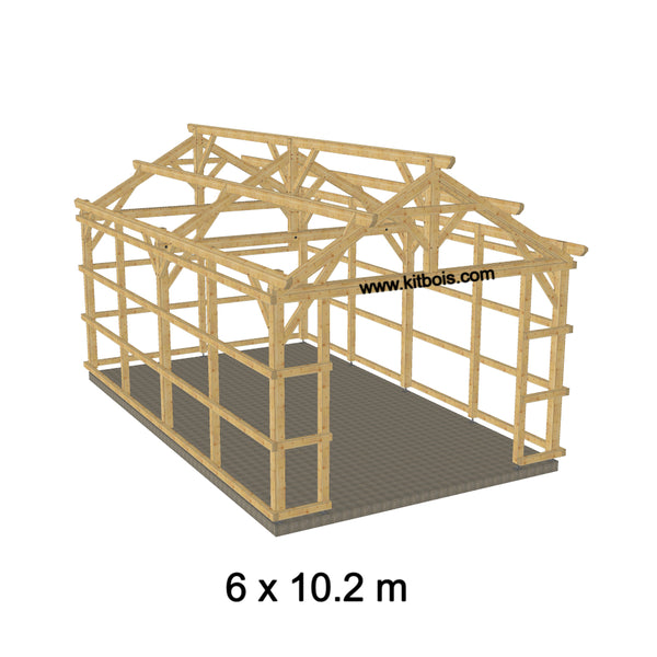 Hangar bois modèle BRAGA FERMABLE / 2 pans  6.0 x 10.20m 30° de pente SANS BARDAGE