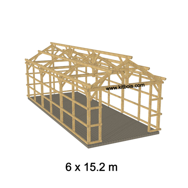 Hangar bois modèle COIMBRE FERMABLE / 2 pans 6.0 x 15.20m 30° de pente SANS BARDAGE