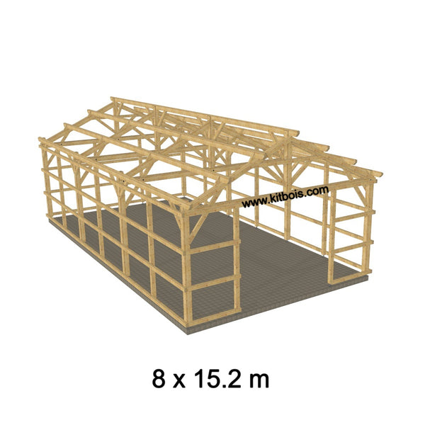 Hangar bois modèle LISBONNE FERMABLE / 2 pans  8.0 x 15.20m 25° de pente SANS BARDAGE