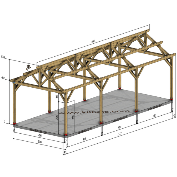 BIRMINGHAM Hangar bois Ouvert MODELE ECO / 2 pans  6.0 x 15.17m 25° de pente / Livraison OFFERTE
