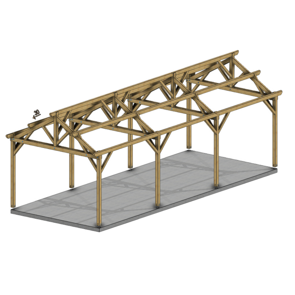 BIRMINGHAM Hangar bois Ouvert MODELE ECO / 2 pans  6.0 x 15.17m 25° de pente / Livraison OFFERTE