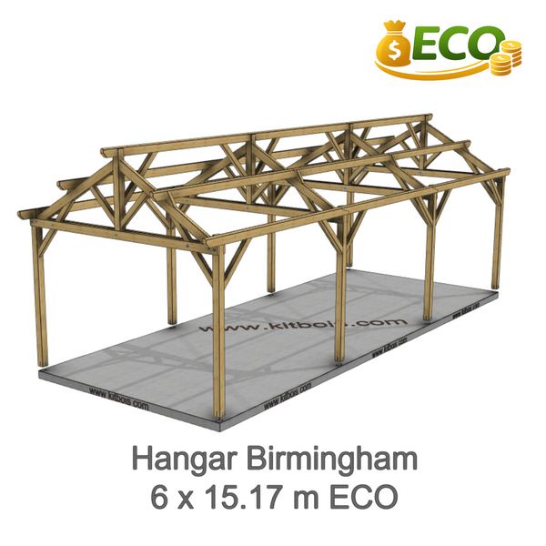 BIRMINGHAM Hangar bois Ouvert MODELE ECO / 2 pans  6.0 x 15.17m 25° de pente / Livraison OFFERTE