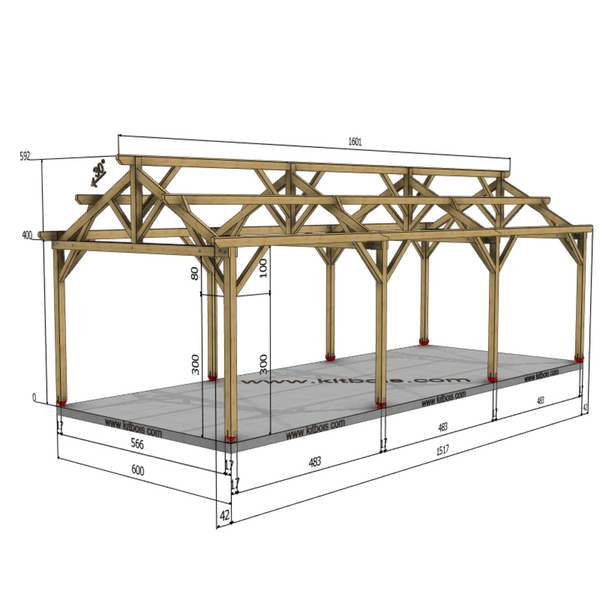 BIRMINGHAM Hangar bois Ouvert MODELE ECO / 2 pans  6.0 x 15.17m 25° de pente / Livraison OFFERTE