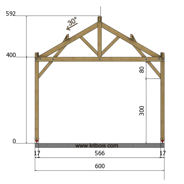 BIRMINGHAM Hangar bois Ouvert MODELE ECO / 2 pans  6.0 x 15.17m 25° de pente / Livraison OFFERTE