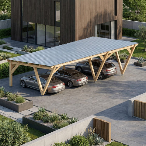 PLANO / CARPORT3 / POTEAUX V / 3 voitures, lxL 3.82x9.19m / Livraison OFFERTE