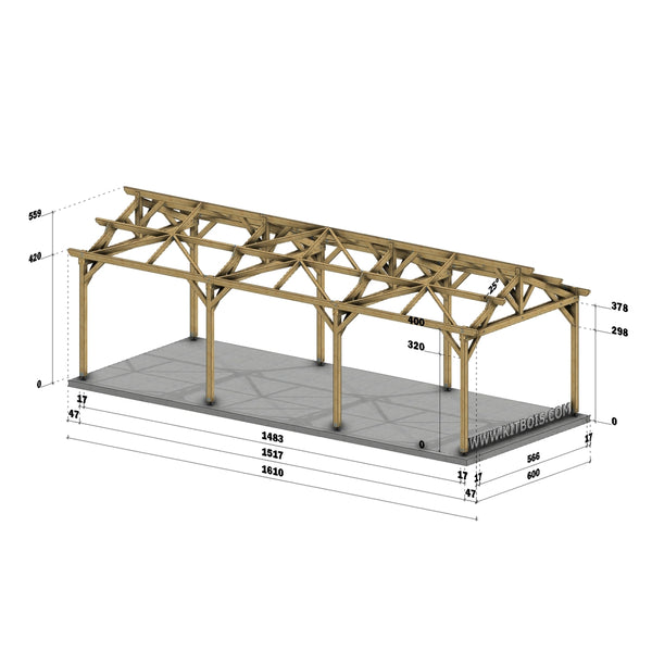COIMBRA Hangar bois Ouvert / 2 pans  6.0 x 15.17m 25° de pente