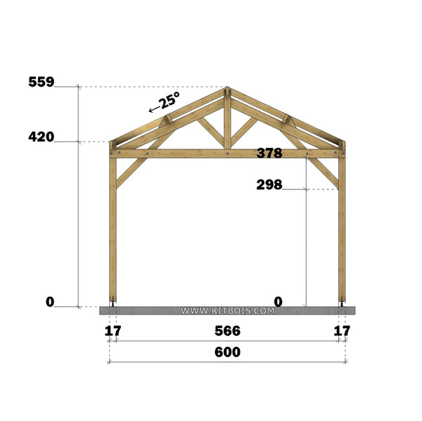 COIMBRA Hangar bois Ouvert / 2 pans  6.0 x 15.17m 25° de pente