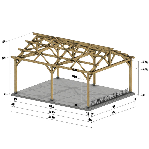 FARO Hangar bois Ouvert / 2 pans  8.0 x 10.19m 25° de pente