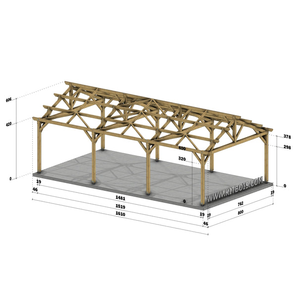 LISBOA Hangar bois Ouvert / 2 pans  8.0 x 15.19m 25° de pente