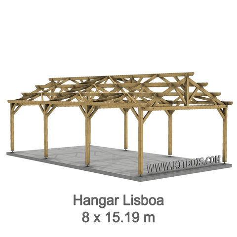 LISBOA Hangar bois Ouvert / 2 pans  8.0 x 15.19m 25° de pente