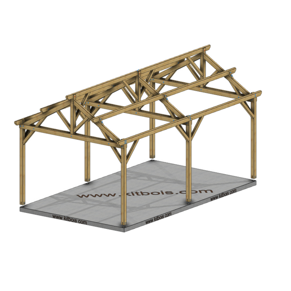 LONDON Hangar bois Ouvert MODELE ECO / 2 pans  6.0 x 10.17m 25° de pente / Livraison OFFERTE