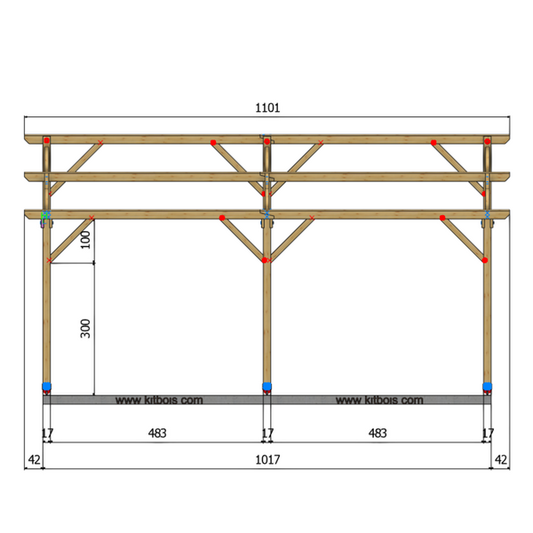 LONDON Hangar bois Ouvert MODELE ECO / 2 pans  6.0 x 10.17m 25° de pente / Livraison OFFERTE