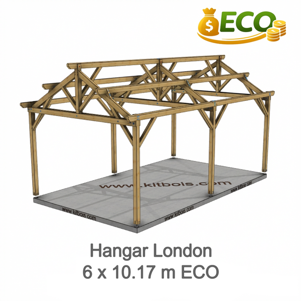 LONDON Hangar bois Ouvert MODELE ECO / 2 pans  6.0 x 10.17m 25° de pente / Livraison OFFERTE