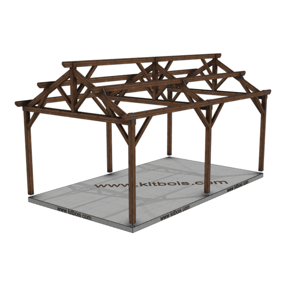 LONDON Hangar bois Ouvert MODELE ECO / 2 pans  6.0 x 10.17m 25° de pente / Livraison OFFERTE