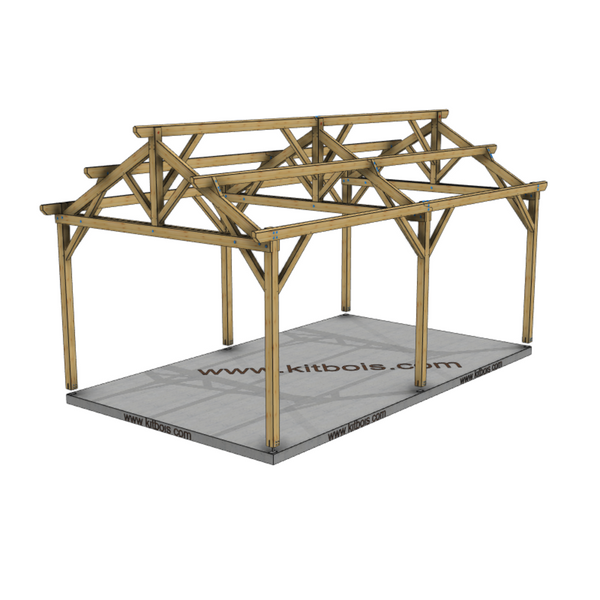 LONDON Hangar bois Ouvert MODELE ECO / 2 pans  6.0 x 10.17m 25° de pente / Livraison OFFERTE