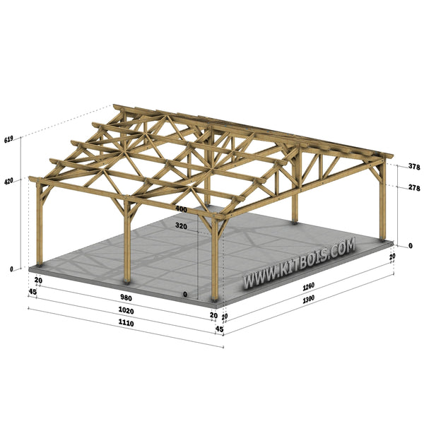 LOURINHA Hangar bois Ouvert / 2 pans  13.0 x 10.20m 17° de pente