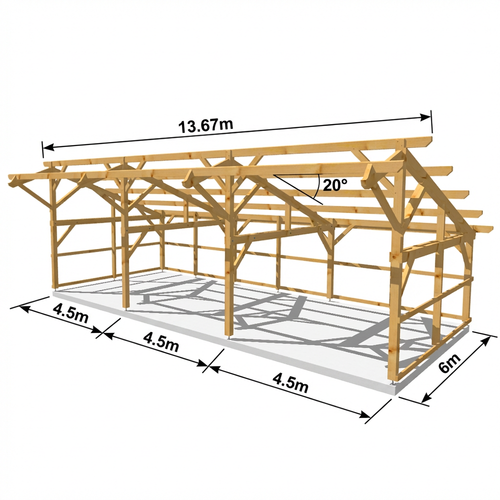 LIVERPOOL Hangar bois FERMABLE sur 3 côtés / 2 pans  6.0 x 13.67m 20° de pente SANS BARDAGE / Livraison OFFERTE