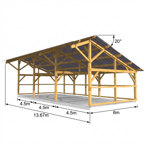 LIVERPOOL Hangar bois FERMABLE sur 3 côtés / 2 pans  6.0 x 13.67m 20° de pente SANS BARDAGE / Livraison OFFERTE