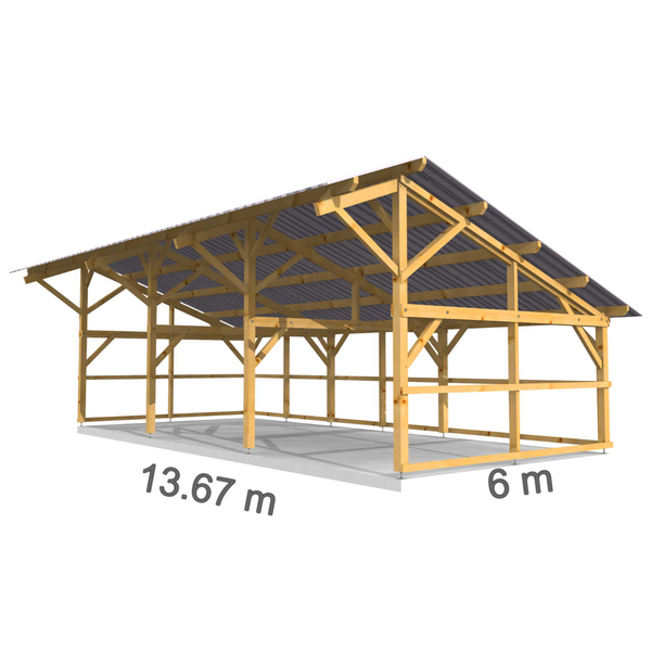 LIVERPOOL Hangar bois Fermé sur 3 côtés / 2 pans  6.0 x 13.67m 20° de pente