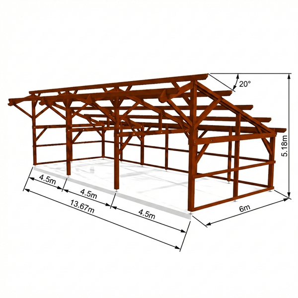 LIVERPOOL Hangar bois FERMABLE sur 3 côtés / 2 pans  6.0 x 13.67m 20° de pente SANS BARDAGE / Livraison OFFERTE