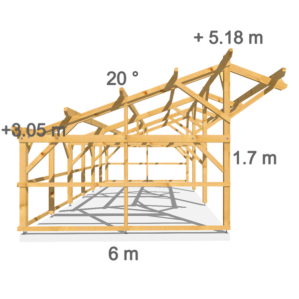 LIVERPOOL Hangar bois Fermé sur 3 côtés / 2 pans  6.0 x 13.67m 20° de pente