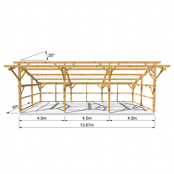 LIVERPOOL Hangar bois FERMABLE sur 3 côtés / 2 pans  6.0 x 13.67m 20° de pente SANS BARDAGE / Livraison OFFERTE