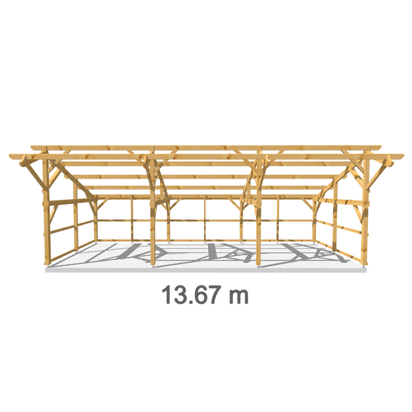LIVERPOOL Hangar bois Fermé sur 3 côtés / 2 pans  6.0 x 13.67m 20° de pente