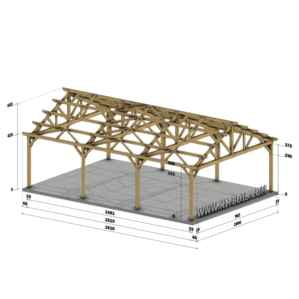 MARATECA Hangar bois Ouvert / 2 pans  10.0 x 15.19m 25° de pente